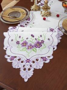 1pc Elegant Purple Flower Embroidered Table Runner, Placemat And Table Scarf, Scalloped Hollow-Out Cutwork Design, Vintage French Style. Perfect For Daily Home Use, Festivals And Wedding Table Decoration. - Purple - View 2