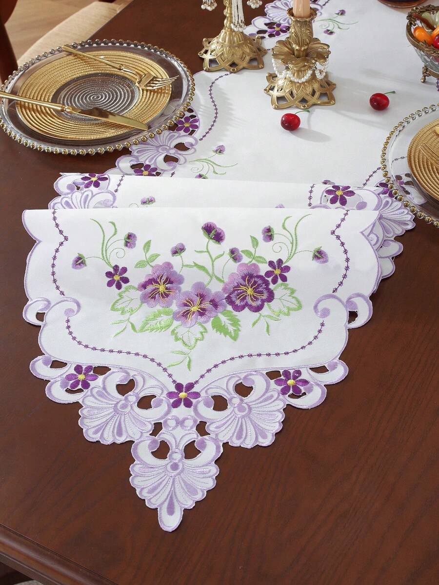 1pc Elegant Purple Flower Embroidered Table Runner, Placemat And Table Scarf, Scalloped Hollow-Out Cutwork Design, Vintage French Style. Perfect For Daily Home Use, Festivals And Wedding Table Decoration.