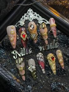 10pcs Handmade Acrylic Nail Tips Set, Including Coral Pink Nails, Purple Cat Eye Nails, Coral Pink & Milky White Ombre Nails, Sweet & Chic Luxury Y2K Style Nails (1pc Jelly Glue And 1pc Buffing Block Included), Nail Art Products Handmade Press On Nails - Coral Pink - View 2