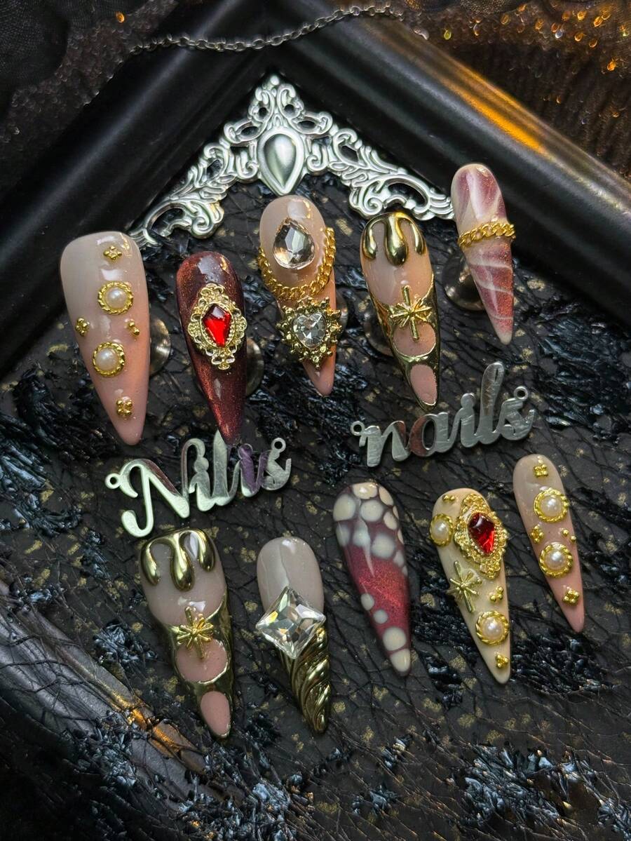 10pcs Handmade Acrylic Nail Tips Set, Including Coral Pink Nails, Purple Cat Eye Nails, Coral Pink & Milky White Ombre Nails, Sweet & Chic Luxury Y2K Style Nails (1pc Jelly Glue And 1pc Buffing Block Included), Nail Art Products Handmade Press On Nails
