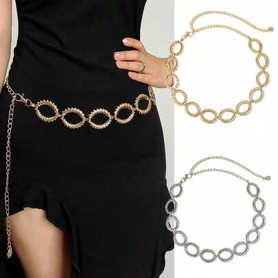3 piezas Cadena de cintura de disco metálico redondo de moda, cadena corporal elegante para vestido, cinturón de cintura de diseño geométrico creativo