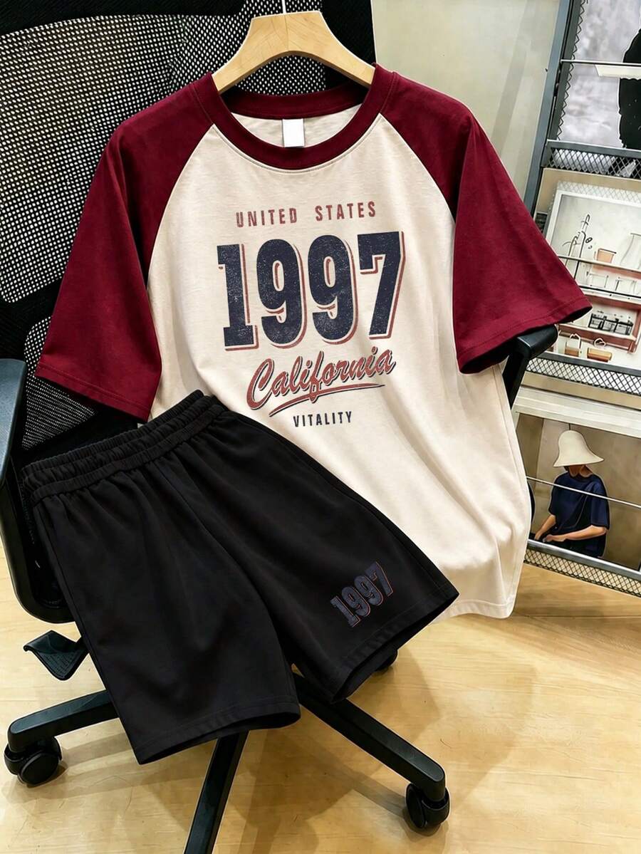 1997復古印花圓領插肩袖T恤大尺碼2件組女款休閒極簡夏季上衣、運動長褲短褲印花優雅 - 彩色 - 查看 1