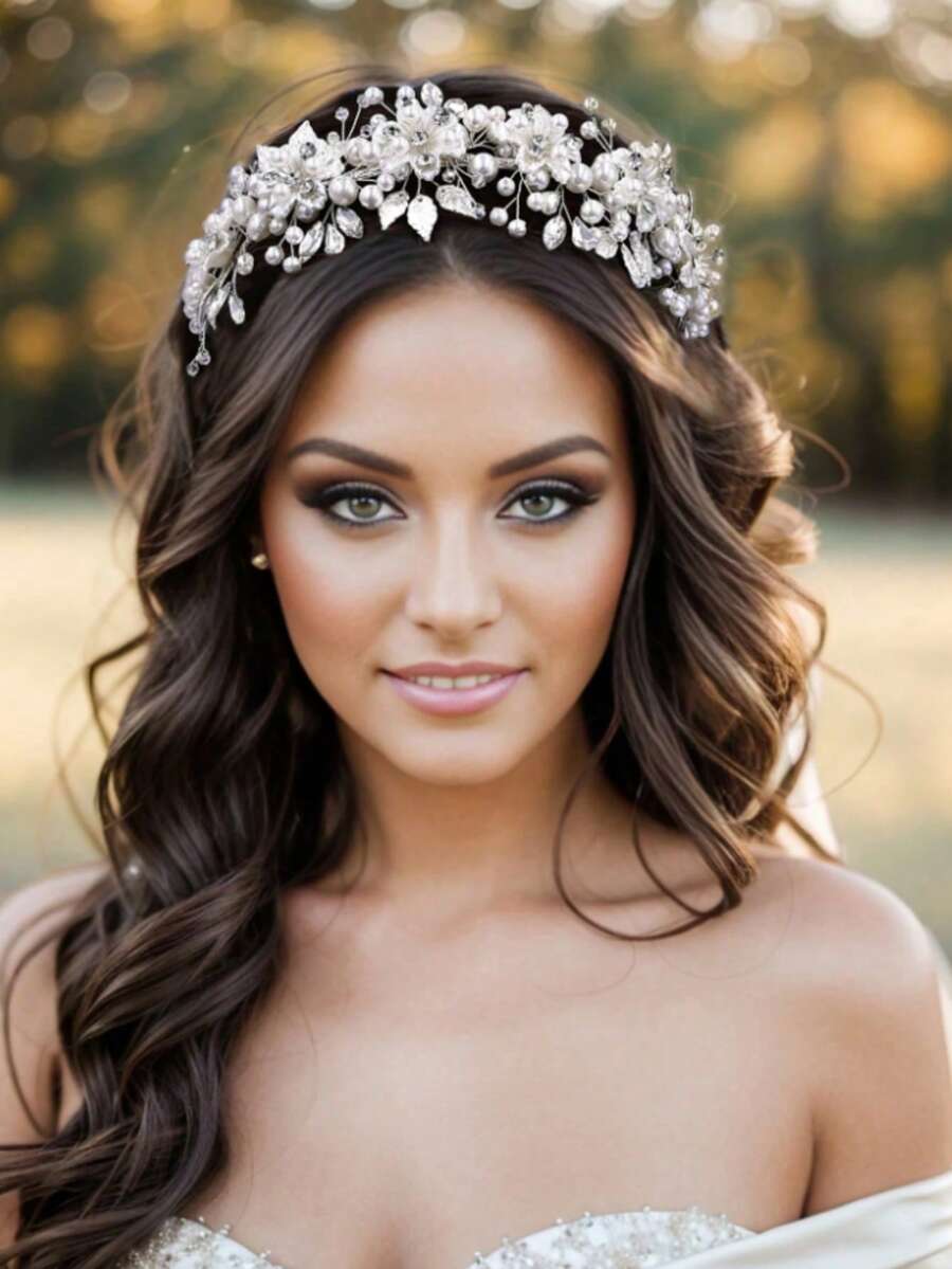 1pc Silver Flower Pearl Crystal Bridal Headpiece, Elegant Rhinestone Wedding Crown, Graceful Flower Pearl Crystal Headpiece, Sparkling Rhinestone Wedding Hair Accessory
