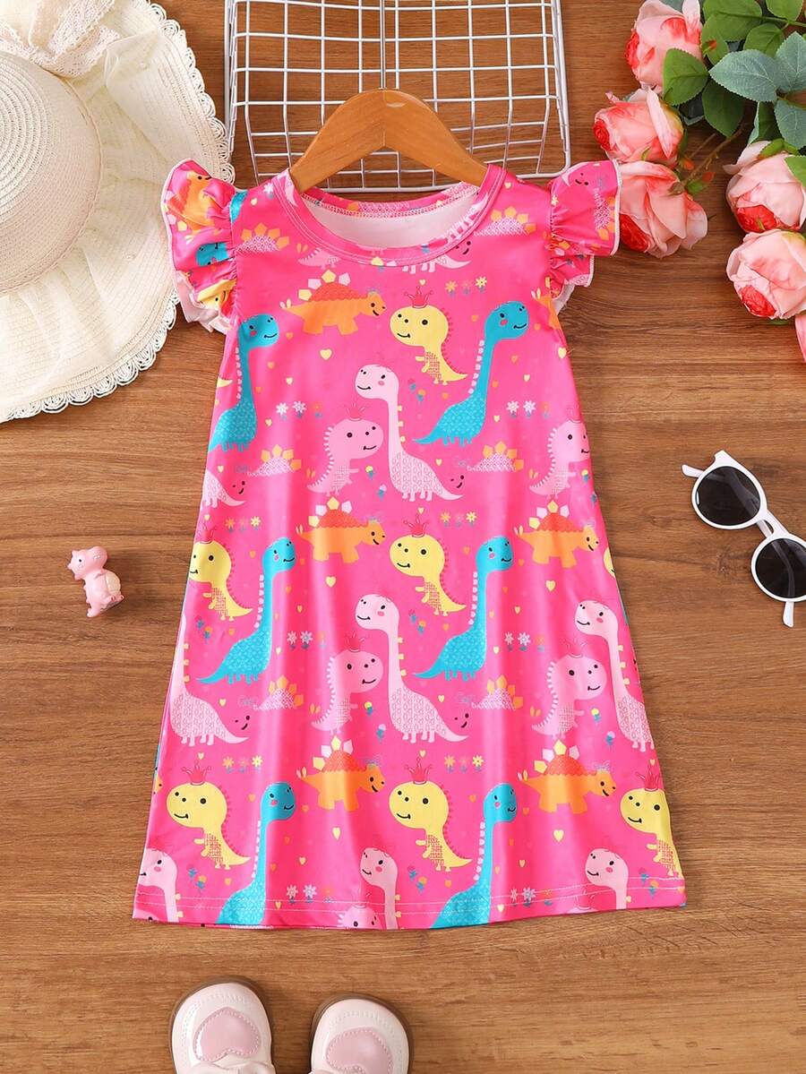 Girls Cute Kitty Print Casual A-Line Dress With Ruffle Sleeves, Summer Holiday & Daily Wear - Hot Pink - View 1