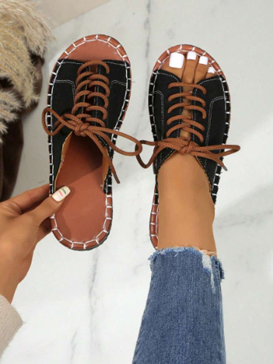 New Casual Summer Flat-Soled Shoes For Women In Europe And The United States, Roman Sandals, Women's Flat Sandals - 黑色 - 查看 1