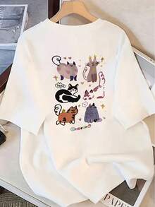 Women's T-Shirt With Cartoon Animal Print, Round Neck, Pullover Style, Short Sleeve, Summer Design, Elegant, Modern, Loose, Slimming Top For Women. - 白色 - 查看 3