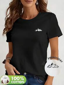 Women's Short-Sleeved T-Shirt, 100% Cotton, Round Neck, Mountain Peak Embroidery, Soft And Skin-Friendly Fabric, Breathable And Comfortable, Ideal For All Seasons, Perfect For Casual Outings, Machine Washable, Ideal For Art And Design Lovers - 黑色 - 查看 4