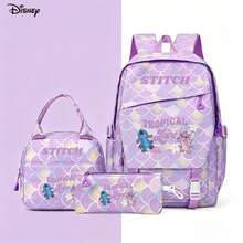 Disney Stitch And Angel Fun Cartoon Pattern Dreamy Light Purple Fresh Cartoon Print Backpack 3 Pieces Set, With Insulated Insulated Bagand Stationery Pencil Pouch, Suitable For Daily Organization, Work And Study Multi-Purpose Backpack - Color 1 - View 2