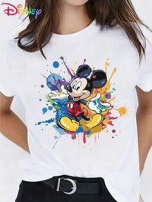 Disney! Hot-Selling Disney Mickey Mouse Print Women's T-Shirt, Casual Fashion Round-Neck Short-Sleeve Summer Top, Anime Cartoon Sweatshirt, For Outdoor And Daily Casual Wear - trắng - Xem 6