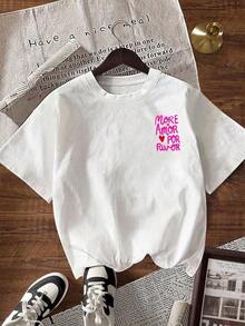 Damen Lässig Rundhals Kurzarm T-Shirt mit Buchstaben-Muster, Sommer - Weiss - Übersicht 2
