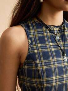 AYYEaselle Vestido de cuadros sin mangas con recogido en la cintura y silueta evasé para mujer, vestido de cuadros a media pierna, vestido de cuadros para mujer, vestidos de estilo francés para mujer, vestidos para mujer ElenzgaAYY - Multicolor 2 - Ver 7