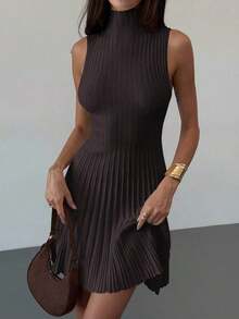 AYYAloruh Vestido de punto acanalado de línea A sin mangas con cuello mínimo para mujerAYY - Café integral 2 - Ver 5