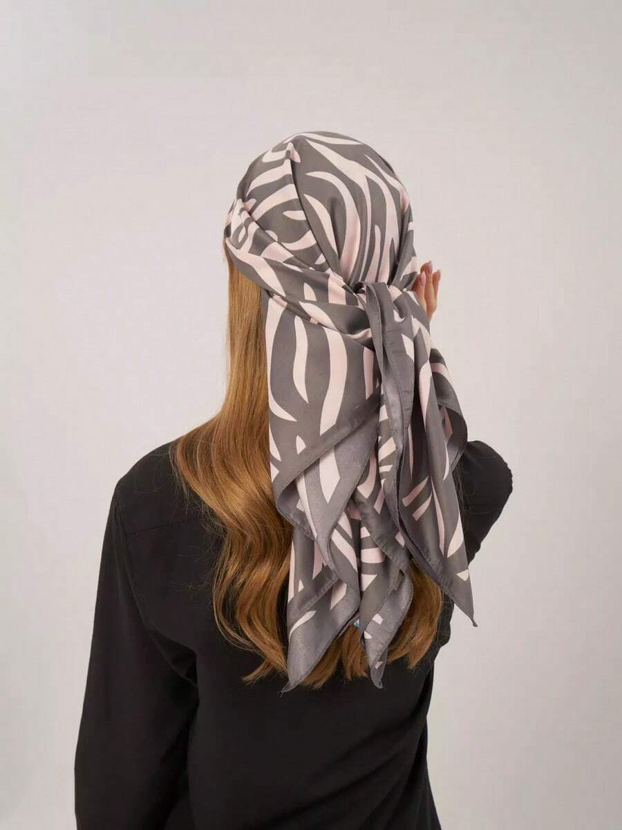 Women's Large Square Satin Scarf 90x90 Elegant Fashion Bandana For Hair And Neck - L7-Cinza - 查看 1