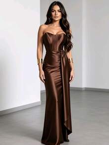 Satin Dress For Parties And Special Occasions, Strapless, Elegant - 鏽棕色 - 查看 3