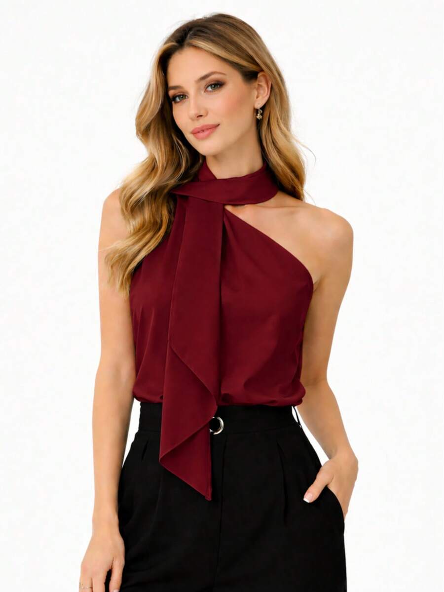 Women's Halter Blouse With Elegant Tie Detail – High Neck With Bow - 酒紅色 - 查看 1