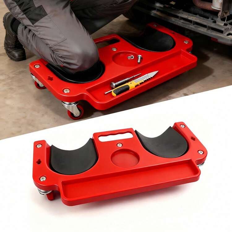 1pc Red & Black Rolling Kneeling Pad With Wheels, ABS Material Multifunctional Built-In Tool Tray, Comfortable Knee Pad, Suitable For Mechanics, Carpenters, Flooring And Automotive Repair - Portable Swivel Wheels - View 9