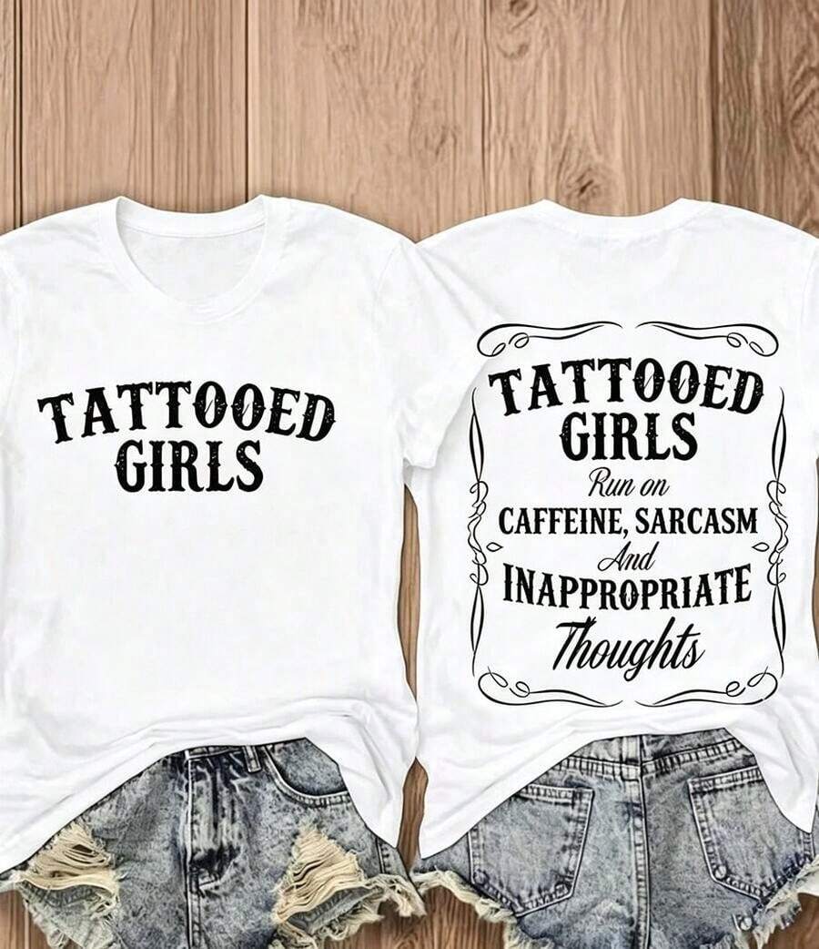 Camiseta Divertida con Tatuajes - Funciona con Cafeína, Sarcasmo y Pensamientos Inapropiados, Camiseta Gráfica Atrevida para Mujer, Top de Manga Corta con Estampado de Letras Estilo Retro Western, Camiseta Gráfica Oversize con Impresión a Doble Cara, Camiseta Casual con Cuello Redondo y Estampado de Huevo para Mujer, Top de Manga Corta con Estampado Estético Y2K para Mujer - Blanco - Ver 1
