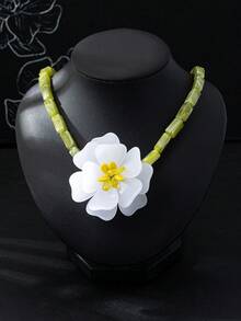 1件誇張風格白色花朵手工串珠女款個性化吊墜花卉派對項鍊，四季皆宜休閒優雅仿真花項鍊 - 白色 - 查看 5