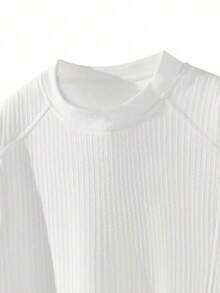 1pc Men's Crew Neck Patchwork Long Sleeve Sweatshirt, Comfortable Soft Lightweight Fabric, Korean Style Solid Color Ribbed Top, Minimalist Versatile Base Layer, Daily Commute Campus Street Casual - White - View 5