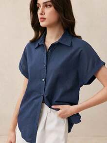 Camisa casual de mujer de unicolor con bordado, estilo retro de los 90, patrón de bordado de caballo, puños vueltos, atuendo básico diario, camisa casual de primavera/verano, adecuada para vacaciones de mujer, ocio de verano, brunch en la playa, salidas, citas, viajes al trabajo, negocios, ocasiones sociales - Azul - Ver 5