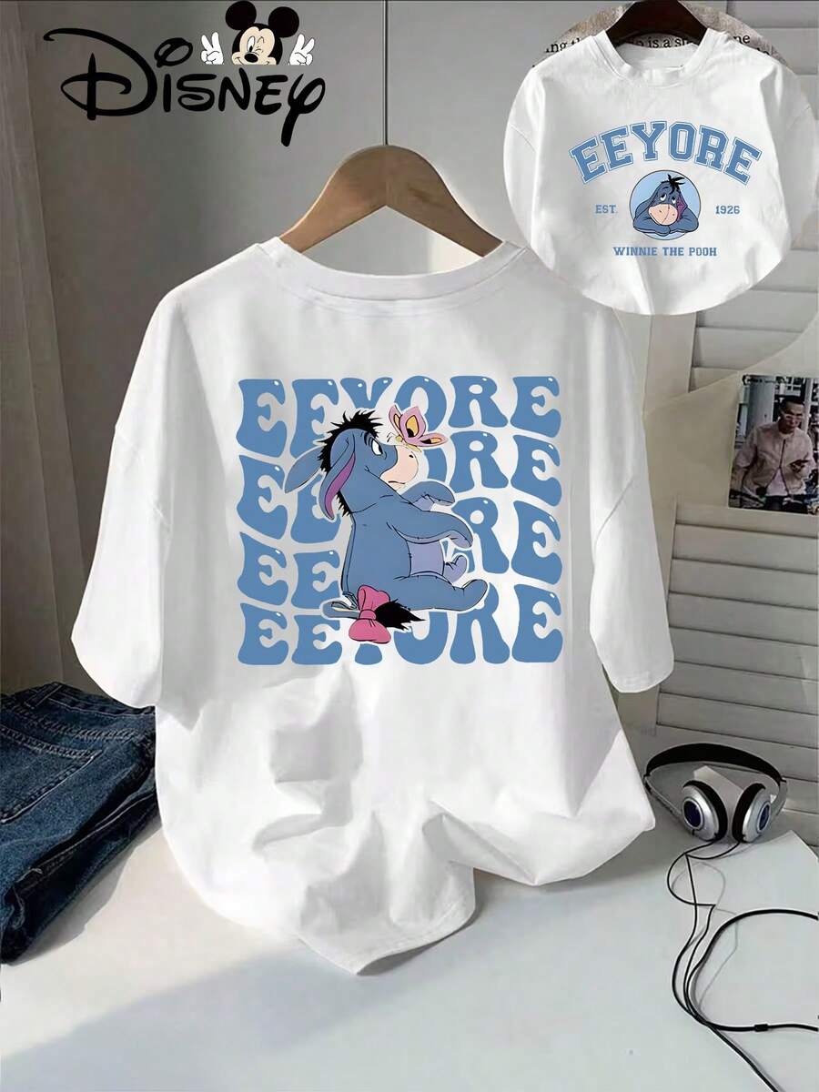 Disney Licensed, Best-Selling Women's Print: Minnie Mouse Head, Diamond Sparkle, Bow, Fashionable And Cute Printed Short-Sleeved Crew Neck T-Shirt. Crew Neck, Casual, Comfortable, Stylish, And Versatile, Suitable For Spring, Summer, And Autumn. Optimistic Design, Elastic Fabric. - 白色 - 查看 1