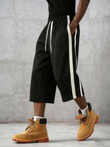 Men's 3/4 Length Shorts, Loose Fit With White Side Stripe And Drawstring Waist, Casual Street Style Pants, Suitable For Daily Wear In Summer - Black - View 1