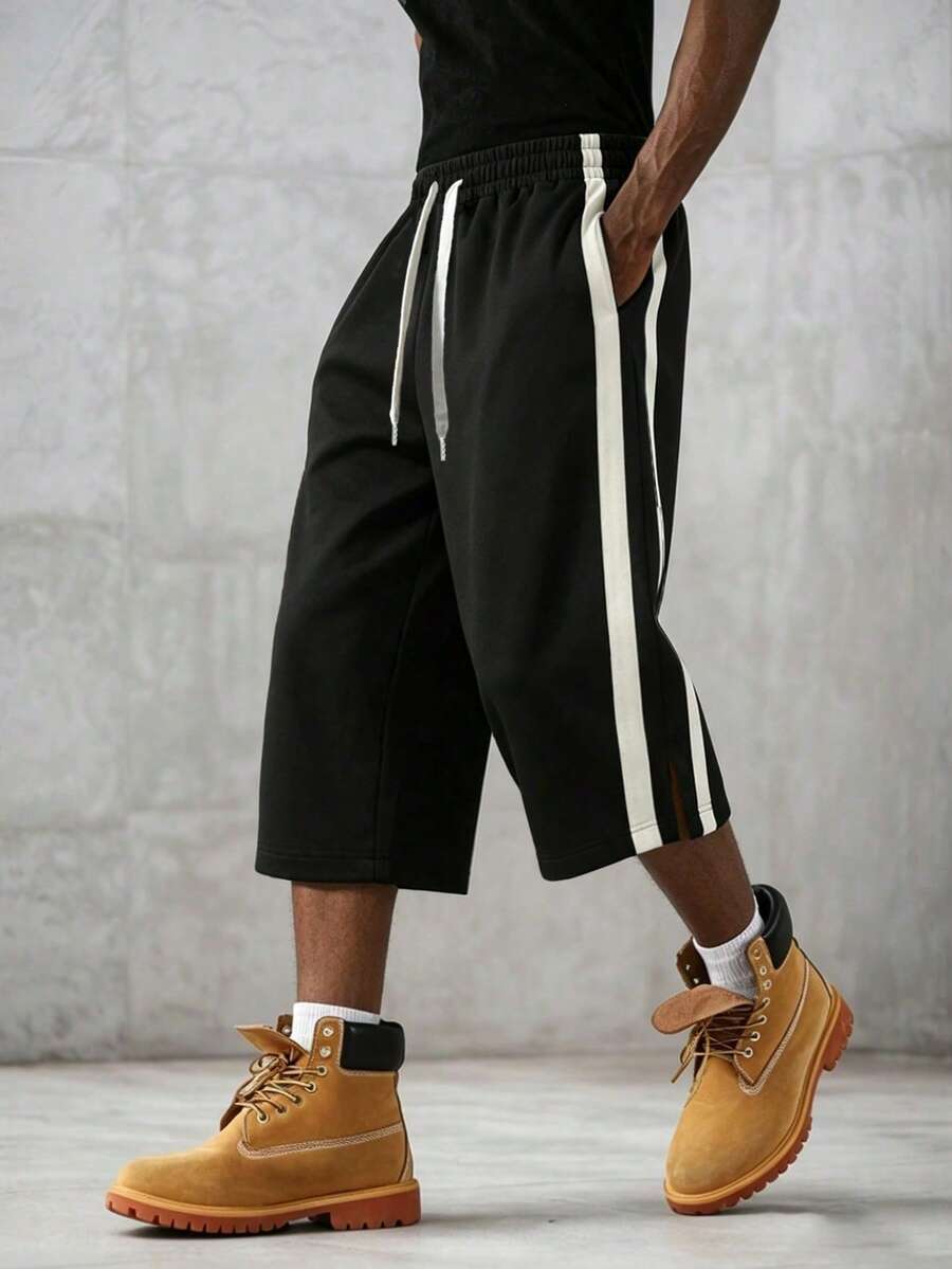Men's 3/4 Length Shorts, Loose Fit With White Side Stripe And Drawstring Waist, Casual Street Style Pants, Suitable For Daily Wear In Summer - Black - View 1
