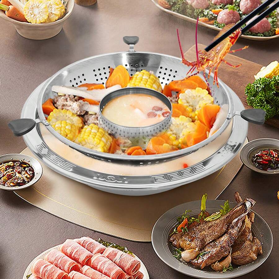 WOBENFOG Rotary Hot Pot, 16.7in Lifting Hot Pot, Stainless Steel Shabu Shabu Pot With Lifting Strainer For 8-12 People, Removable Divider Pot Compatible With Gas, Induction & Ceramic Stoves - View 1