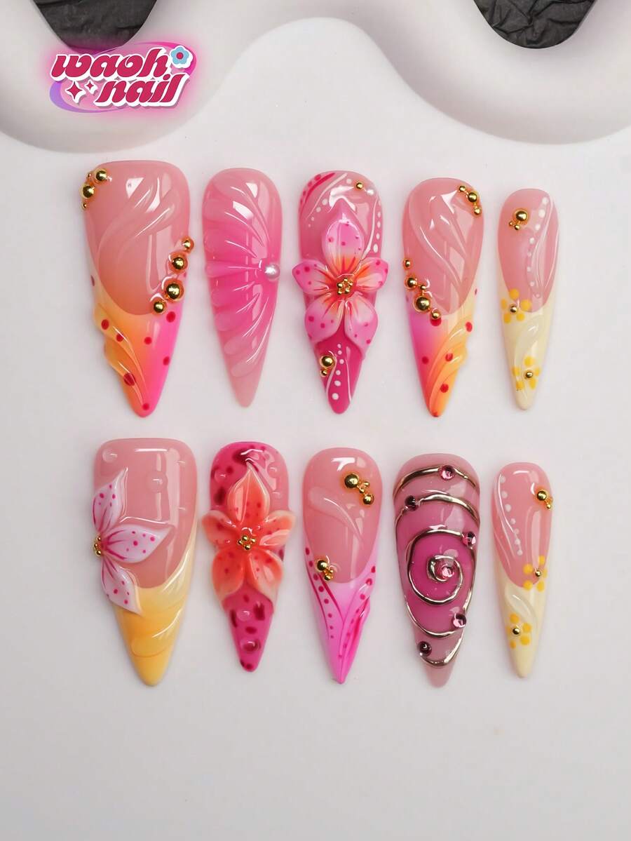 10pcs/Set Handmade Almond-Shaped Y2K Baddie Style Press-On Nails, Nude, Red, Pink, Yellow Shiny Nail Plates With French Tips, Carved Patterns, Rhinestones, Asymmetrical Liquid Metal Chunks, Droplets, Polka Dots Design, Suitable For Women And Girls, Party, Prom, Daily Wear, Includes Tool Kit, Great Gift For Ladies - Multicolor - View 1