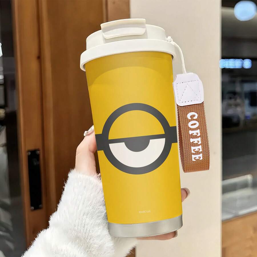 Miniso Minions One-Eye Logo Yellow Background Insulated Coffee Cup With Wrist Strap,Stainless Steel, Coffee Cup With Lid,Dual-Drink Design, And Durable - Multicolor - View 1