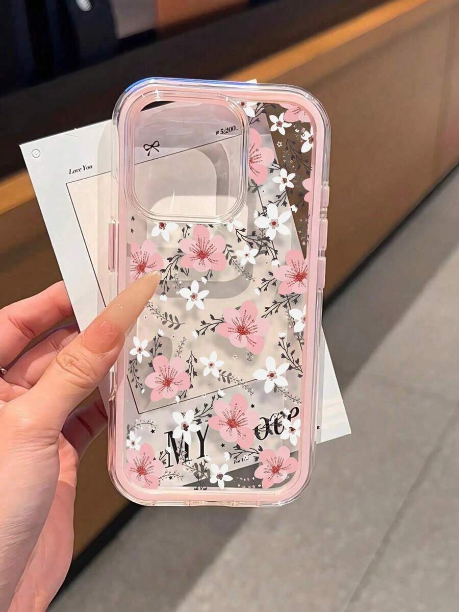 1pc Pink Floral Pattern Dual-Color Shockproof Phone Case, TPU Material, Suitable As Holiday Gift, Compatible With Apple IPhone 11 12 13 14 15 16 Pro/Pro Max, 14 15 16 Plus/17, Unisex - Multicolor - View 1
