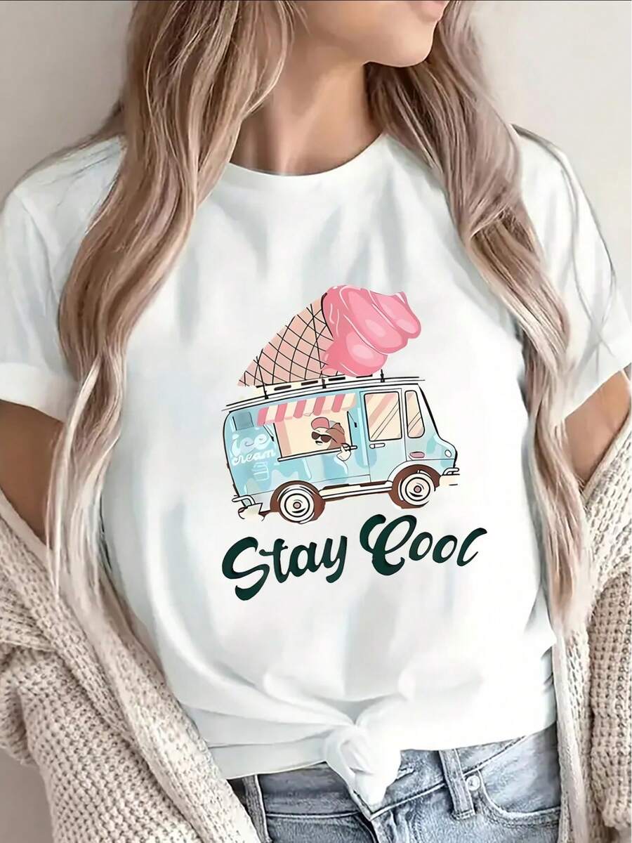 Camiseta de Mujer con Estampado de Camión de Helados Negro - Camiseta de verano suave y transpirable, con diseños icónicos de canciones y barras de chocolate nostálgicas, cuello redondo informal, adecuada para la playa, uso casual, fiestas y picnics (lavable a máquina). - Blanco - Ver 1