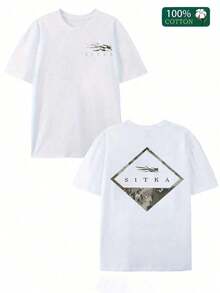 Short-Sleeved T-Shirt With Double-Sided Digital Print, "Sitka" Brand And Camouflage Graphic Design, Black, 1 Piece, Casual, Soft, 100% Cotton, Unisex, Y2K Style Sportswear, Round Neck, 100% Cotton, Soft Fabric, Short Sleeve. - 白色 - 查看 7
