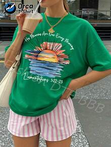 Women's Casual Summer T-Shirt, New Collection, Sunrise And Script Print, Regular Fit, 100% Cotton, 180 Gsm, Orca Brand. Suitable For Summer Leisure, Outdoor Activities, Sports, Vacations, Gifts, And Other Occasions. - 綠色 - 查看 1