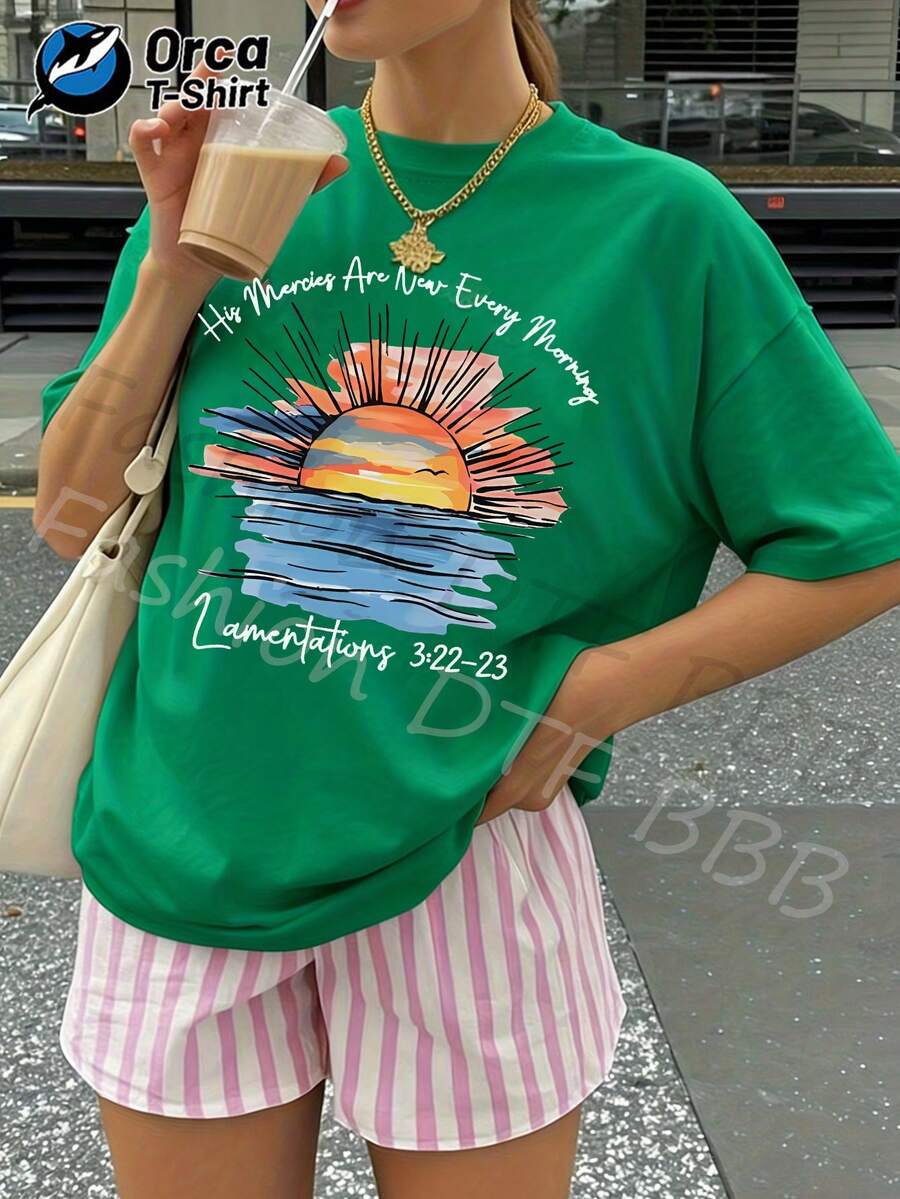 Women's Casual Summer T-Shirt, New Collection, Sunrise And Script Print, Regular Fit, 100% Cotton, 180 Gsm, Orca Brand. Suitable For Summer Leisure, Outdoor Activities, Sports, Vacations, Gifts, And Other Occasions. - 綠色 - 查看 1