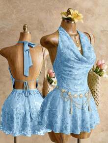 Vestido mini con lentejuelas y espalda descubierta para vacaciones en la playa - Azul - Ver 1