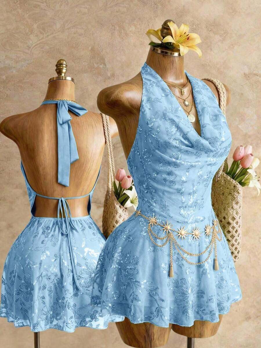 Vestido mini con lentejuelas y espalda descubierta para vacaciones en la playa - Azul - Ver 1