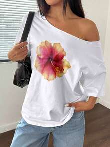 GiftFlirla Women's Loose Fit T-Shirt, White Pomegranate, Asymmetric Neck, Plus Size, Soft - White 3 - View 7