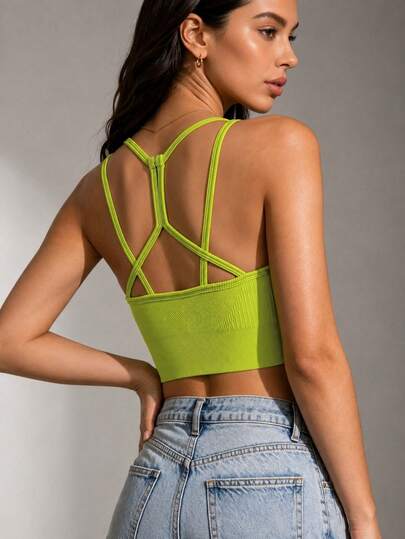 Runway Rest 1pc Women's Neon Green Hollow-Out Criss-Cross Back Sports Bra, Sexy & Chic Style Suitable For Yoga, Fitness, Daily Wear