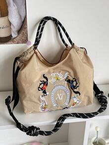1pc Equestrian Embroidery + Knotted Strap Design Lightweight Nylon Tote Bag, Spacious, Versatile, Detachable Strap, Suitable For All Seasons - Multicolor - View 14