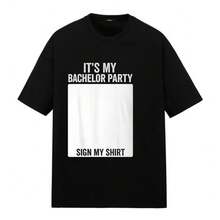 Short-Sleeved T-Shirt With Bachelor Party Print, Ideal For Wearing To Parties, Events, The Beach, Nights Out At Bars, Regular Fit, Casual Style, Comfortable And Breathable. - 黑色 - 查看 1