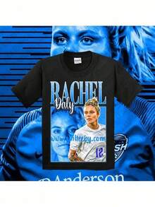 Rachel Daly Women's 90s Football Graphic Tee - Bohemian Style Black Crew Neck Tee With Football Player Portrait And Signature, Hand Wash Only, All Season Casual Wear - 黑色 - 查看 11