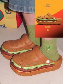 Women's Thick-Sole Sandals, Cute Cartoon Hamburger Design Breathable Slip-On Clogs, Sweet Style For Girls, Waterproof, Non-Slip, Elevated Platform, Suitable For Summer, Outdoor, Home Wear - Brown - View 2