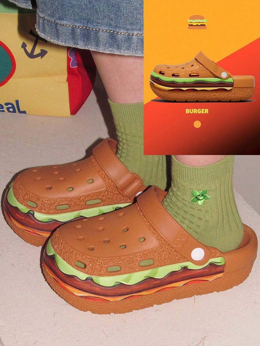 Women's Thick-Sole Sandals, Cute Cartoon Hamburger Design Breathable Slip-On Clogs, Sweet Style For Girls, Waterproof, Non-Slip, Elevated Platform, Suitable For Summer, Outdoor, Home Wear