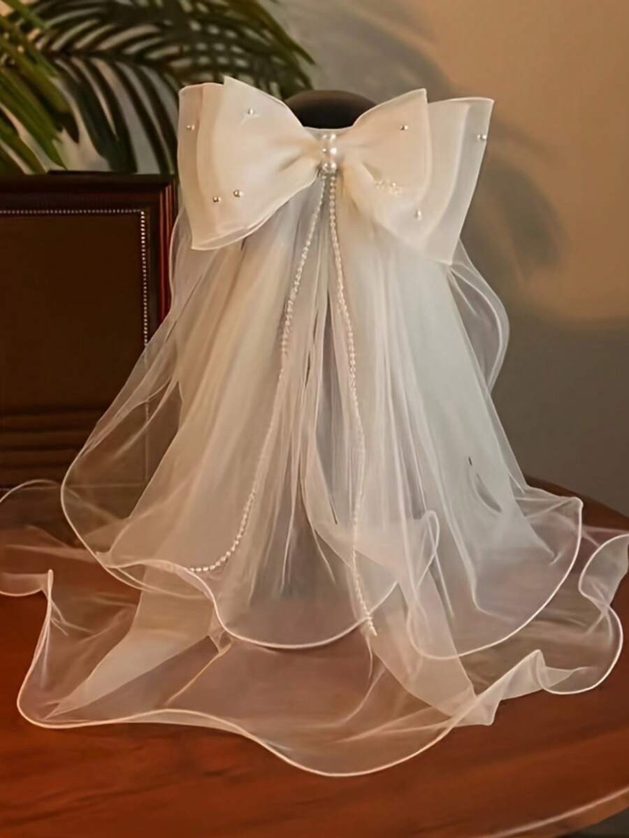 1 Stück eleganter Brautschleier mit Schleife, romantisches Spitzen-Hochzeitshaaraccessoire, transparentes weißes Tüll-Design, geeignet für Bräute und besondere Anlässe - Weiss - Übersicht 1