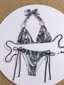 Bộ bikini nữ co giãn cao cấp với cổ yếm, họa tiết đen trắng thời trang, hoàn hảo cho những chuyến đi biển mùa hè. - Nhiều màu - Xem 6