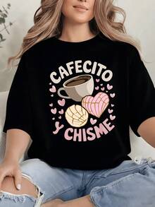 A Coffee Cup Surrounded By Pink Hearts And Sweet Bread Symbolizes Warm Moments Of Friendship And Joyful Conversation. A Comfortable, Casual Women's T-Shirt For Everyday Wear. - 黑色 - 查看 1