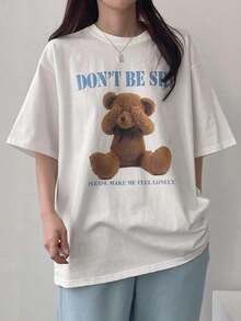 Minimalist. 100% Cotton. 1 Pack Women's Summer Loose-Fit T-Shirt With Cartoon Bear Print, Round Neck, And Dropped Shoulders. DON'T BE SHY, PLEASE MAKE ME FEEL LONDON. Cute Tops, Oversized Tees, Teacher Clothing. Summer Oversized Tee. - 白色 - 查看 7