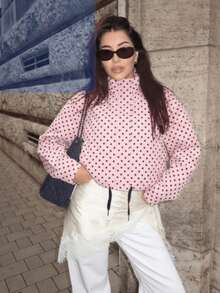Blogger New Autumn Women's Polka Dot Print Drawstring Dropped Shoulder Loose Style Jacket Pink - Pink - View 5