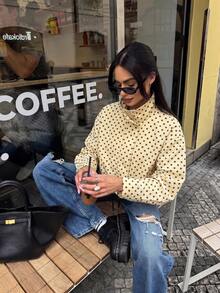 Blogger New Autumn Women Polka Dot Print Drawstring Dropped Shoulder Loose Style Jacket - Yellow - View 5